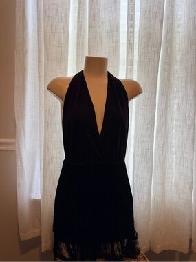 Black Fringe Halter Romper Plunge Open Back Party Dance Playsuit size Small